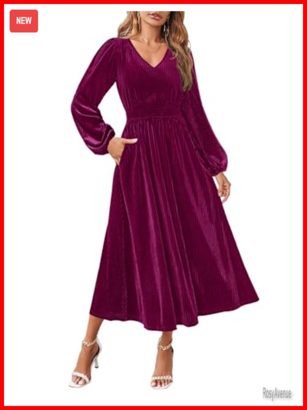 Velvet Long Sleeve V Neck Midi Dress Wedding Guest Cocktail Smocked Waist
